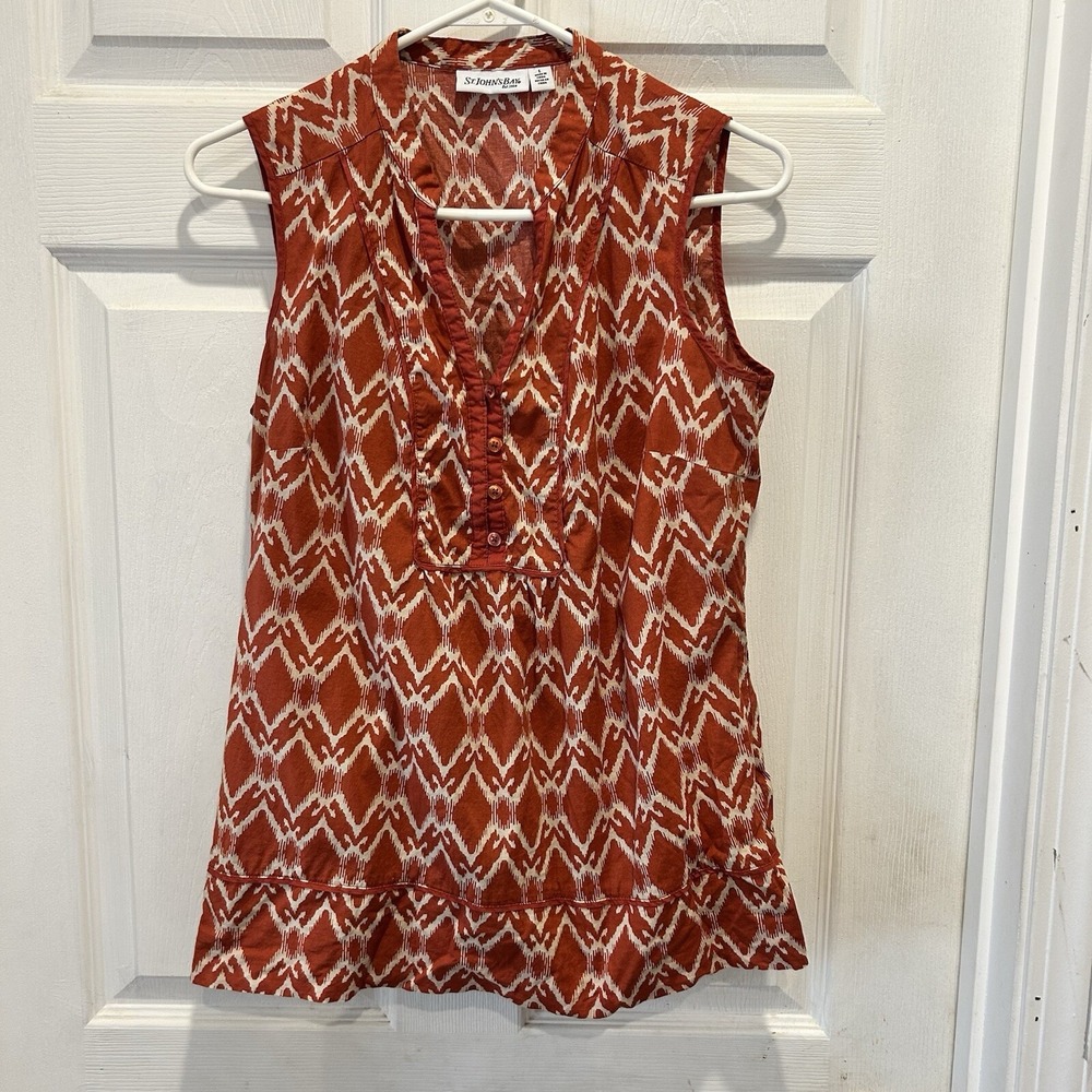 St. Johns Bay Womens L Rust Orange White Ikat Diamond Cotton Sleeveless Blouse